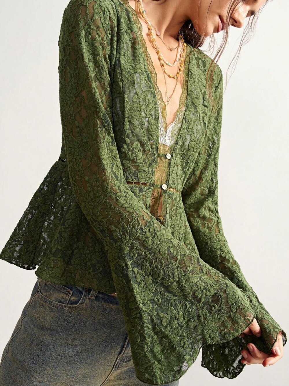 Green Elegant Women's Knitted Flare Sleeve Top